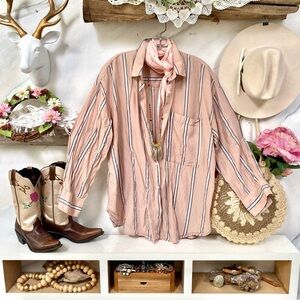 Beach vibe blush boho stripe boyfriend style shirt/cover up w vacay resort feel